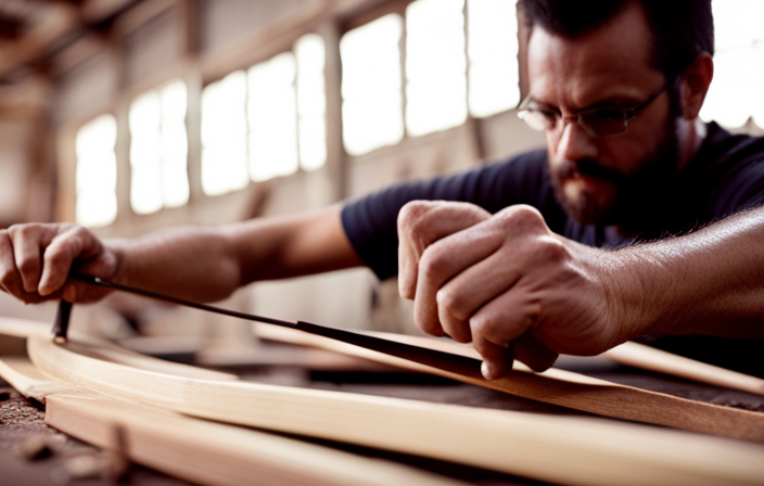An image showcasing a skilled craftsman using a sharp drawknife to skillfully shape long, slender cedar strips