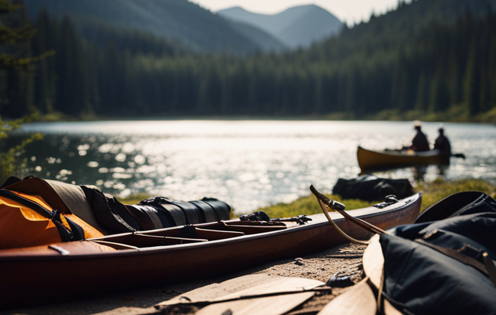 An image showcasing a rugged, wilderness setting with a canoe, surrounded by a meticulously organized assortment of gear: dry bags, tents, sleeping bags, cooking utensils, and maps, all ready for a thrilling canoe trip