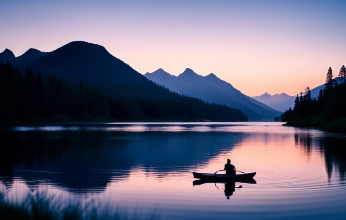 An image that captures a serene river scene at dusk, with a lone canoe gliding gracefully through the calm water