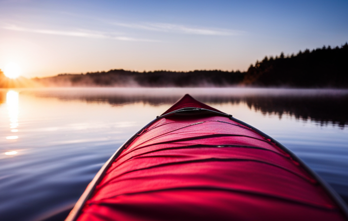 the serene beauty of a tranquil lake setting, with a vibrant red canoe gracefully gliding through the calm waters, while the golden rays of the setting sun gently illuminate its polished wooden surface