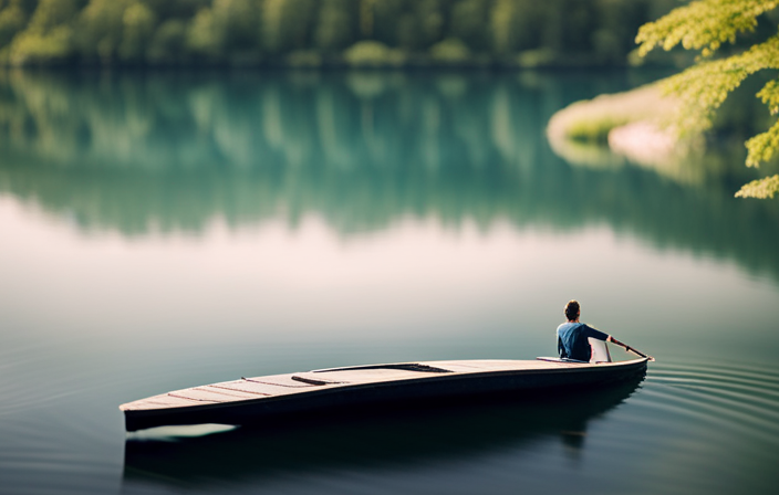 An image showcasing a serene lake surrounded by lush green trees, with a person effortlessly gliding through the crystal-clear water in a sleek, durable canoe, highlighting the key factors to consider when picking the perfect canoe