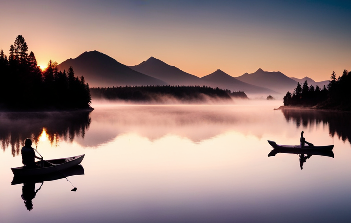 An image showcasing a serene lake scene at dawn, with a sleek canoe gliding effortlessly through calm waters
