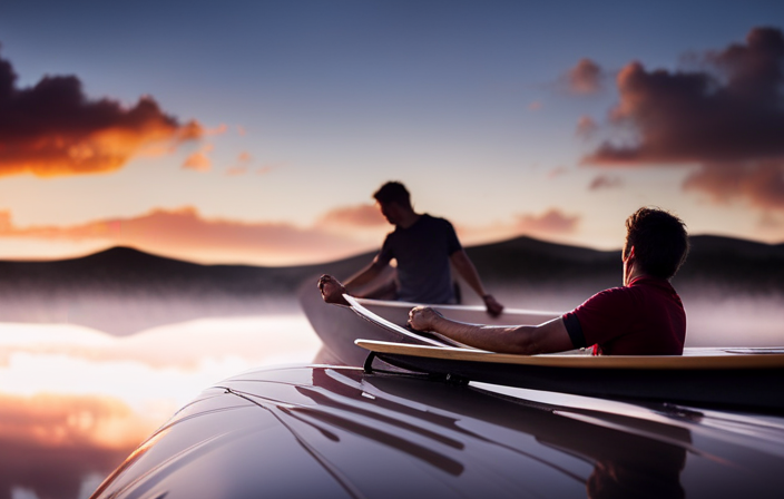 An image that showcases a step-by-step guide on how to secure a canoe onto the roof of a car