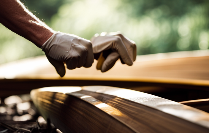 An image showcasing the step-by-step process of refinishing a wooden canoe: a pair of gloved hands carefully sanding the weathered surface, revealing the rich wood grain beneath, as sunlight softly filters through the trees