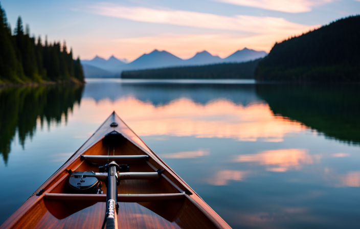 An image of a serene lake scene, showcasing a canoe gliding effortlessly through calm waters