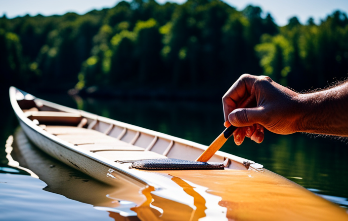 An image showcasing the step-by-step process of repairing a fiberglass canoe: a hand wearing safety gloves gently sanding the damaged area, followed by another hand applying epoxy resin with a brush, and finally, a shiny, restored canoe gleaming under the sun