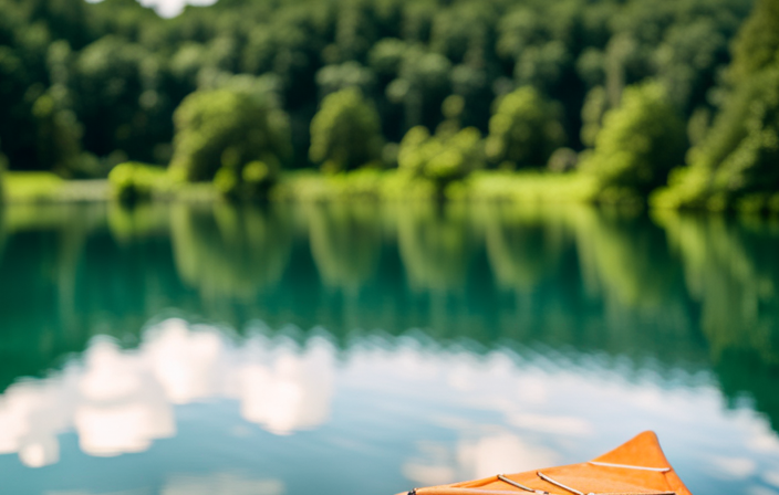 An image showcasing a serene lake surrounded by lush greenery, with a solitary canoe gracefully gliding through the calm waters