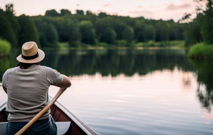 An image showcasing a serene river scene: a person in a canoe, gracefully leaning forward, knees slightly bent, hands gripping the paddle, the water gently rippling beneath them, as they navigate the tranquil waterway
