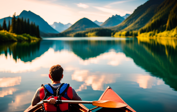 An image capturing the serene setting of a calm river, showcasing a person wearing a life jacket, sitting upright in a sleek canoe