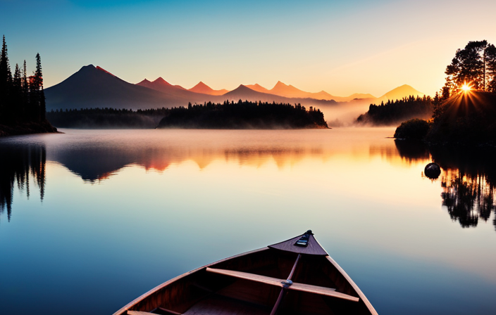 An image featuring a serene river scene with a wooden boat gliding on calm waters
