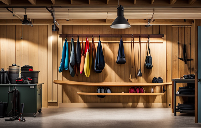 An image showcasing a sturdy, wall-mounted canoe rack in a well-organized garage