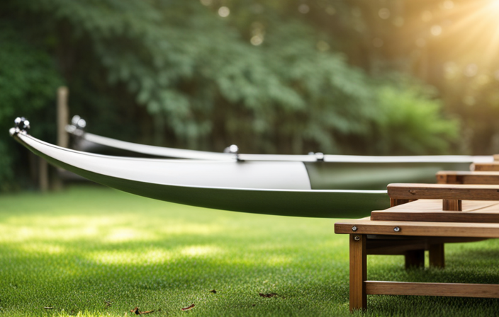 An image that showcases a sturdy, weather-resistant storage rack for a canoe in a serene backyard setting