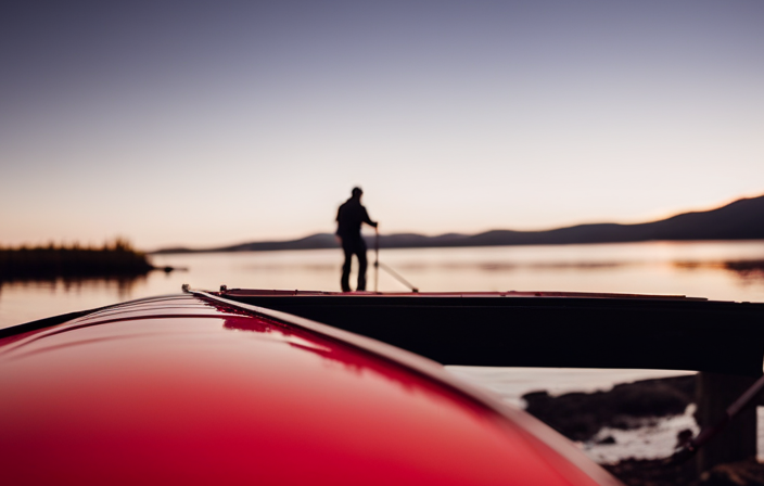 An image capturing the step-by-step process of securely strapping a gleaming red canoe onto the roof rack of a sturdy truck