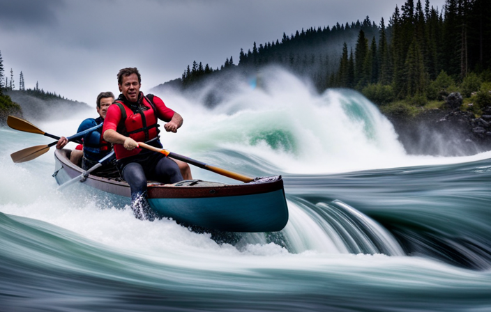 An image capturing the exhilarating moment of two skilled paddlers maneuvering a tandem canoe through foaming whitewater rapids, showcasing their synchronized strokes, focused expressions, and the rush of water splashing around them