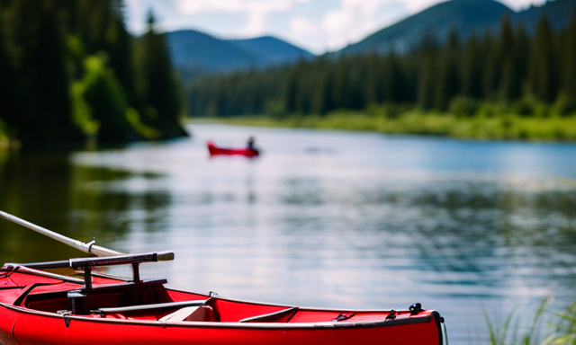 An image capturing a serene river scene where a rugged pickup truck, equipped with a sturdy roof rack, securely holds a vibrant red canoe