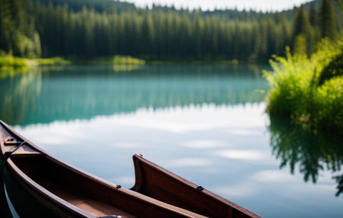 An image featuring a serene lake surrounded by lush greenery, with a 16 ft Alumacraft canoe resting on the shore