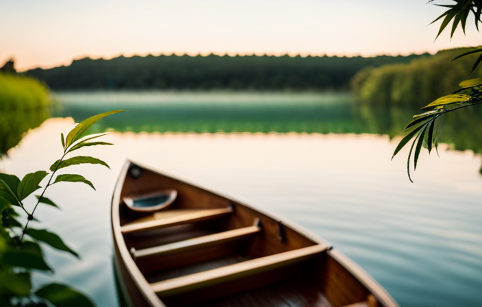 An image showcasing a serene lake surrounded by lush greenery, with a sleek, elegant canoe gently gliding across the water's surface, emphasizing the vastness and magnitude of its width