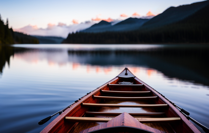 An image of a serene lake scene with a non-powered canoe gliding through the water