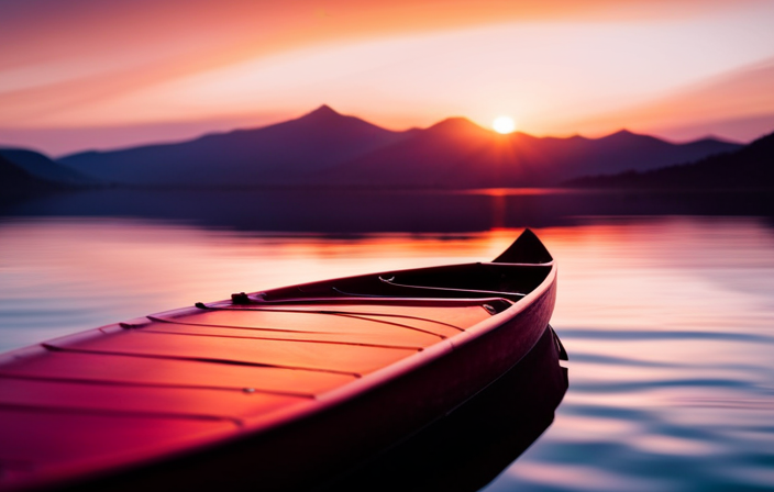 An image that showcases the sleek, curved silhouette of a canoe gliding through calm waters, reflecting the vibrant hues of a picturesque sunset