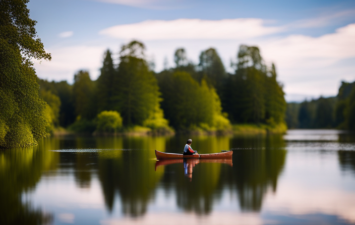 An image that showcases a serene river scene with a solitary figure in a brown canoe, gracefully paddling through calm waters