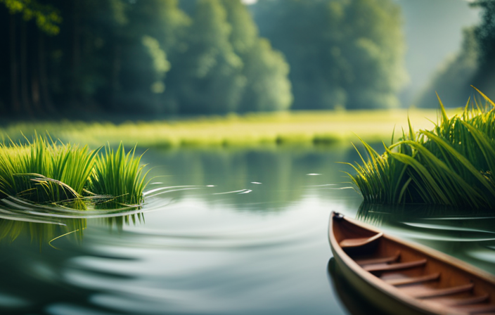 An image capturing a serene river scene with a brown canoe gently floating amidst lush greenery