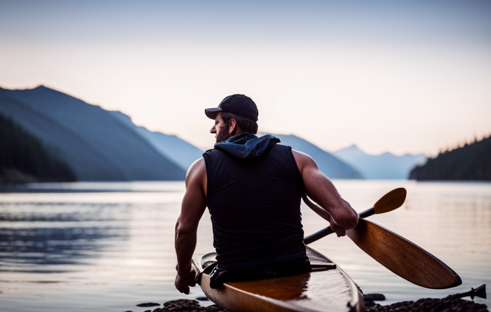 An image showcasing a rugged wilderness setting with a strong, experienced paddler effortlessly carrying a sleek, wooden canoe over their shoulder, their sturdy boots stepping confidently on a rocky path