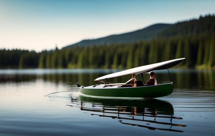 An image showcasing a sleek, green-hued Grumman Canoe gliding effortlessly on a serene, glass-like lake