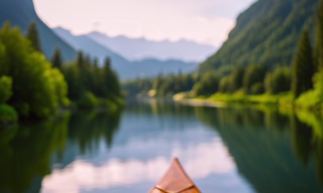 An image showcasing a serene river setting, with a wooden canoe gliding through the calm waters