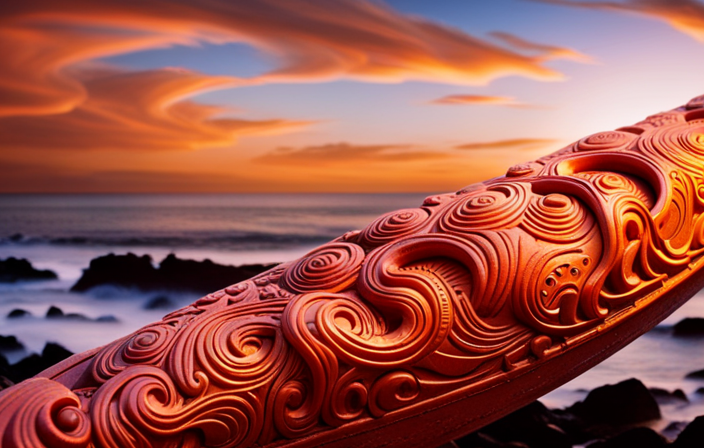 the essence of a Kula Canoe Prow in your image: Vibrant hues of red, orange, and yellow intertwine, forming a mesmerizing pattern of intricate carvings, depicting powerful ancestral figures, sacred animals, and ocean waves