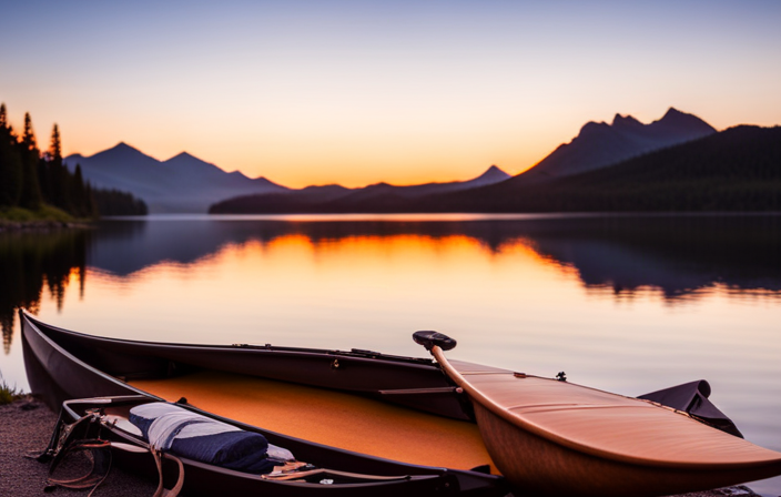An image showcasing a serene lakeside scene at dusk, with a sturdy canoe resting on the shore