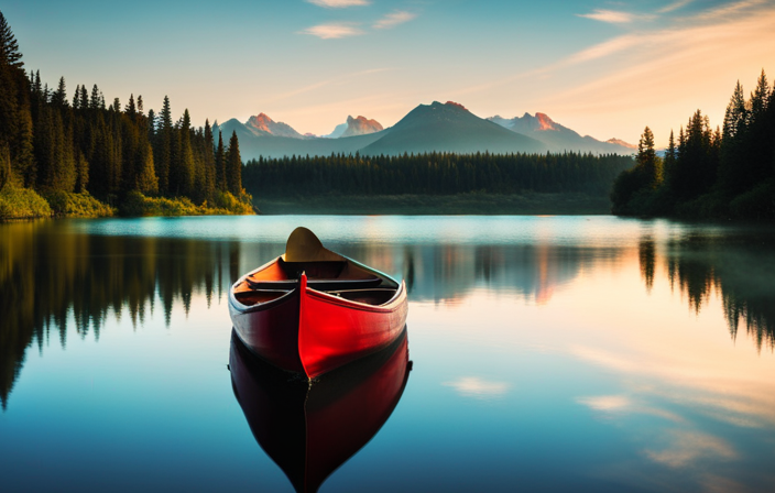An image depicting a red canoe floating on a tranquil river, with its routing number beautifully integrated into the water's ripples