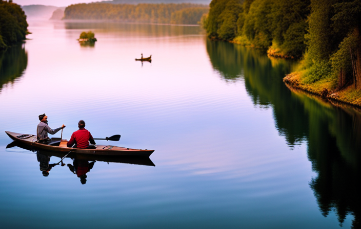 An image showcasing a serene river scene with a person paddling a long, narrow, decked boat with a double-bladed paddle (a kayak) alongside another person paddling an open, slightly wider vessel with a single-bladed paddle (a canoe)