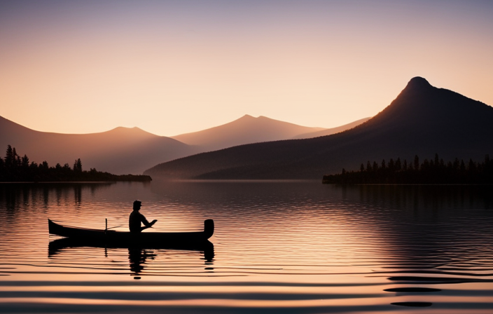 An image that showcases a canoe floating on calm waters, with a person seated on the right side, facing forward