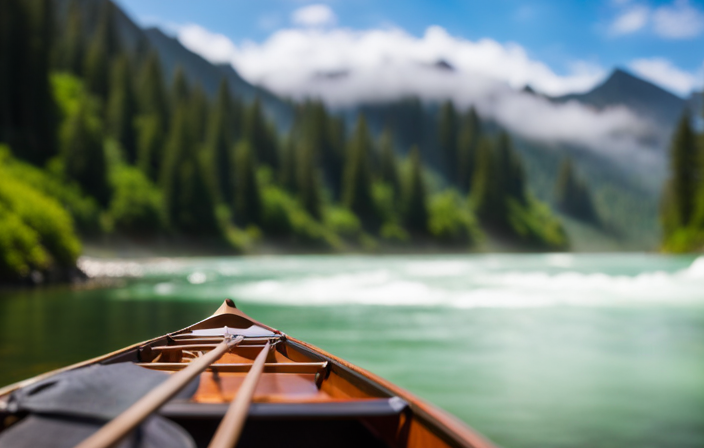 An image capturing the essence of "Tippy Canoe" - a mystical river surrounded by lush green forests, cascading waterfalls, and towering mountains