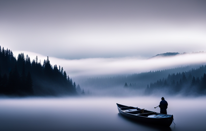 An image that showcases a non-powered canoe or kayak surrounded by dense fog, with a vivid and luminous white light illuminating the vessel, ensuring visibility and safety in low light conditions
