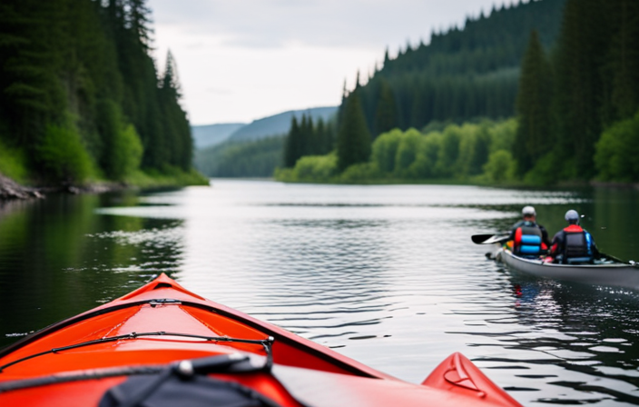 An image featuring a vibrant, picturesque river setting with a canoe and kayak side by side