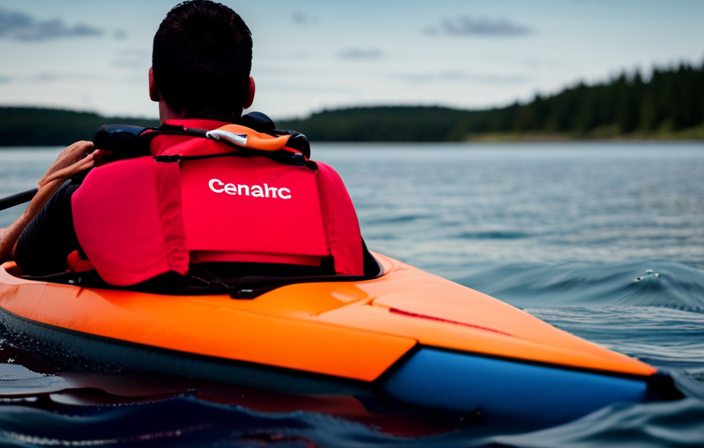 An image showcasing a brightly colored, sturdy life jacket securely fastened around the torso of a paddler seated in a sleek kayak, highlighting its essentiality as the fundamental safety equipment for all canoe and kayak enthusiasts