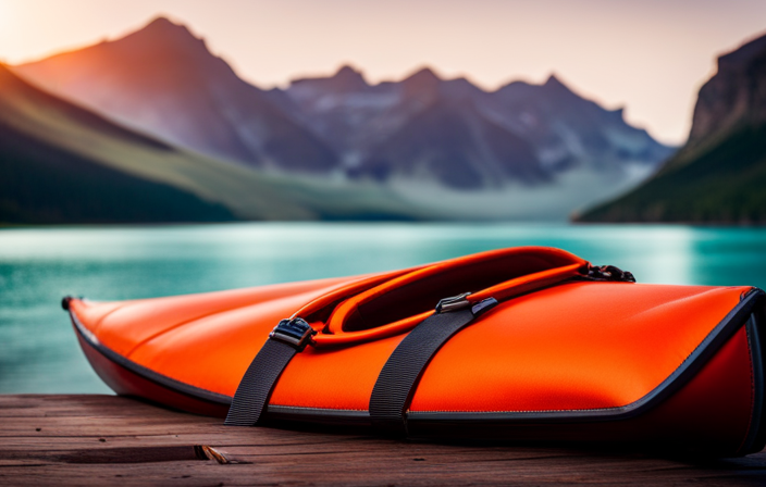 An image showcasing a vibrant orange life jacket, snugly secured with adjustable straps, resting on the seat of a sleek canoe