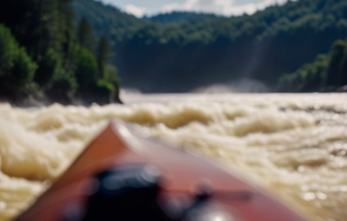 An image capturing the intensity of a canoeist's perspective as they navigate through swirling currents towards a menacing low-head dam, showcasing their decision-making process amid turbulent waters and the potential dangers that lie ahead