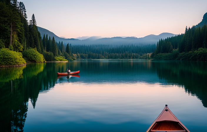 An image showcasing a serene lake surrounded by lush greenery, with a person gracefully paddling a sleek, solo canoe