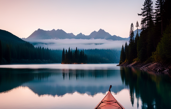 An image showcasing a serene lake scene with a solo canoeist gently paddling amidst a stunning backdrop of towering mountains, using a perfectly sized paddle, elegantly gliding through calm waters