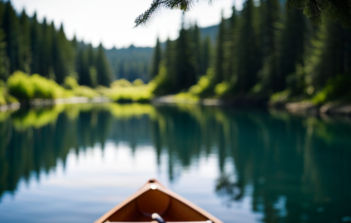 An image that showcases a serene river scene, with a sleek canoe gliding effortlessly on the water