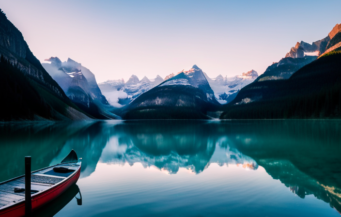 An image showcasing the serene beauty of Lake Louise at sunrise, with mist gently rising from the turquoise waters, surrounded by towering snow-capped mountains, inviting visitors to embark on a peaceful canoeing adventure