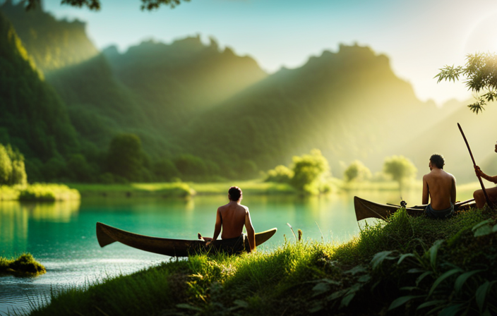 An image featuring a serene riverbank surrounded by lush greenery, with two ancient figures skillfully crafting a sleek, curved vessel using hollowed-out tree trunks, showcasing the invention of the first canoe