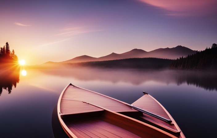 An image showcasing a serene lake surrounded by lush green forests, where a lone canoe gently glides through crystal clear waters