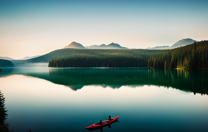 A serene image of a shimmering emerald lake, surrounded by lush pine trees, with a lone canoe gliding peacefully on its glassy surface