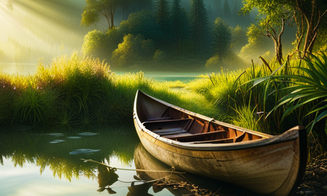 An image showcasing a serene riverbank with an old wooden canoe half-submerged in crystal-clear water, surrounded by lush greenery