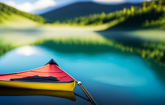 An image that showcases the tranquil beauty of a serene lake, enveloped by lush greenery, with a colorful canoe gliding gracefully on its glassy surface, inviting readers to explore nearby canoeing destinations