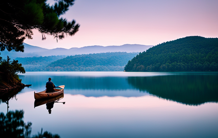 An image capturing the essence of Big Canoe: a vast, tranquil lake embraced by lush green mountains, framed by towering pine trees, with a solitary canoe gently gliding across its glassy surface