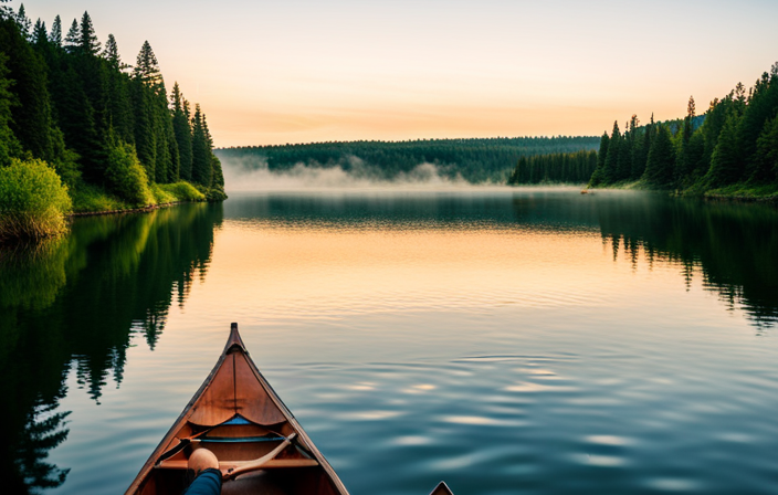 An image showcasing a serene river scene with a canoe floating on calm waters